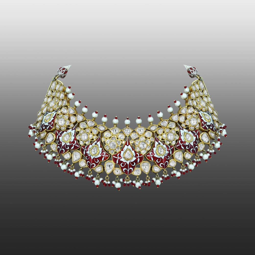 Polki Semi-Choker with Red Enamel and Pearl Beads